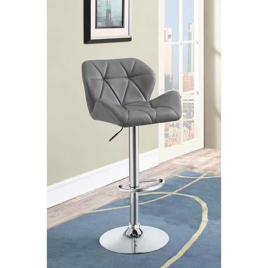 Gray tufted faux leather adjustable bar stool with chrome base and footrest modern design