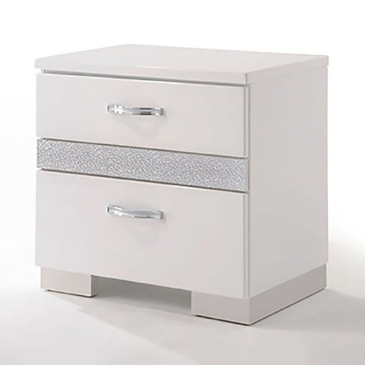 White gloss bedside table with crystal drawer pulls and a glitter detail band