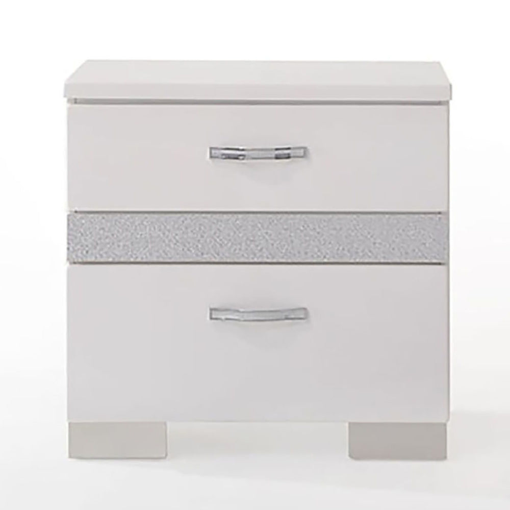 White gloss bedside table with two drawers and chrome handles featuring a glitter accent strip