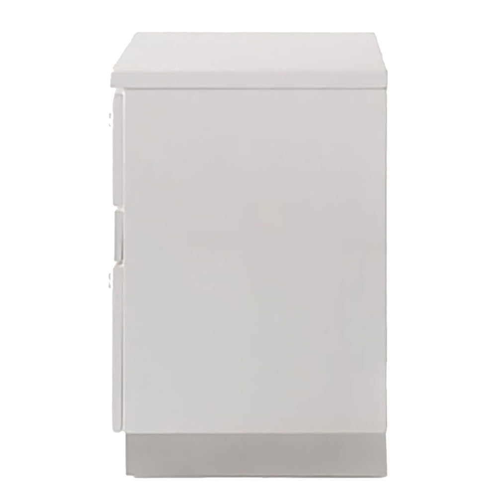 White threedrawer nightstand with silver base