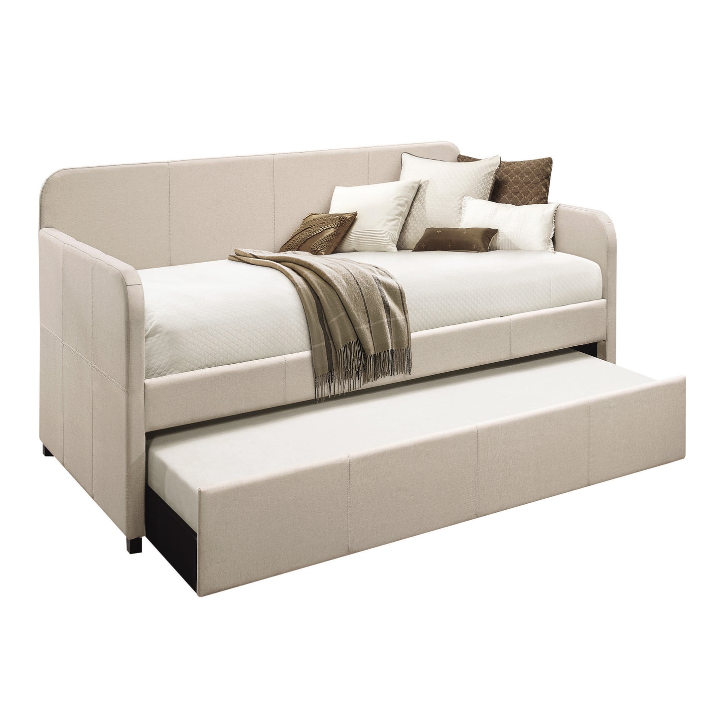 Beige upholstered daybed with pullout trundle perfect for guest rooms