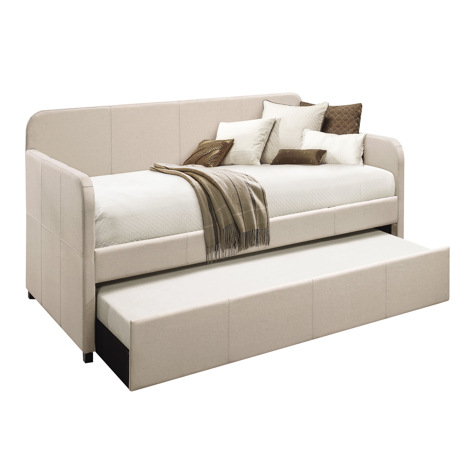 Beige upholstered daybed with pullout trundle perfect for guest rooms