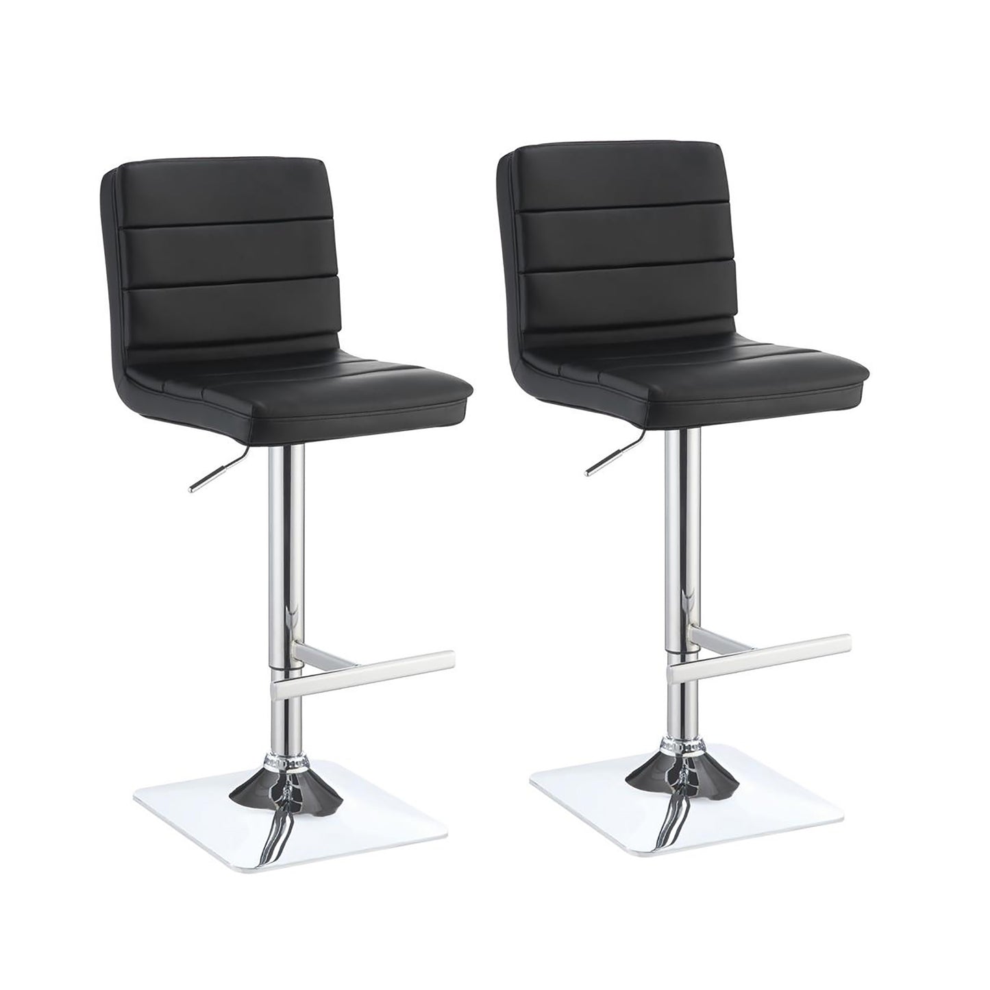 Two black leatherette adjustable height bar stools with chrome bases and footrests