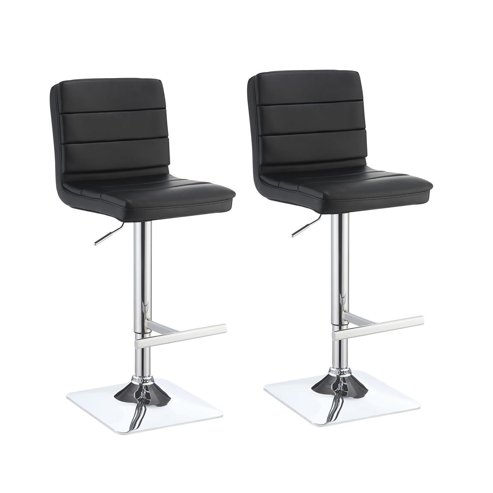 Two black leatherette adjustable height bar stools with chrome bases and footrests