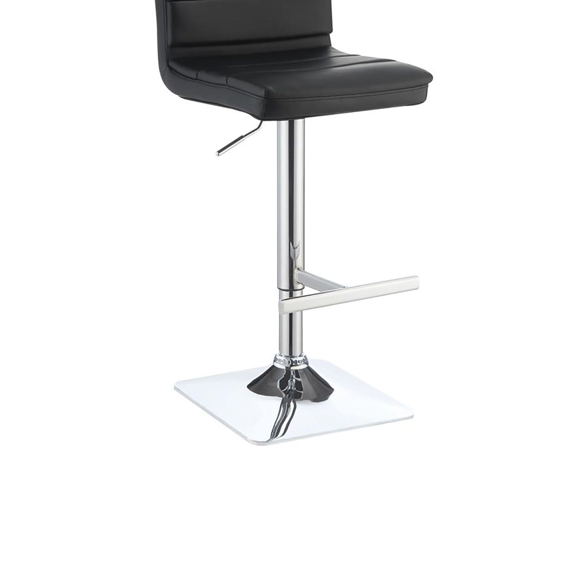 Black faux leather bar stool with polished chrome base and adjustable height lever