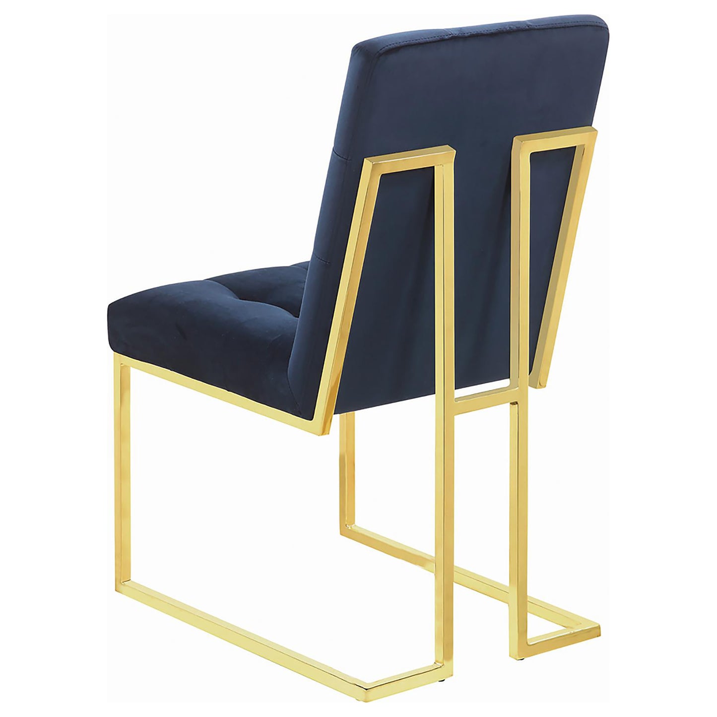 Navy blue velvet dining chair with tufted seat and modern gold metal frame