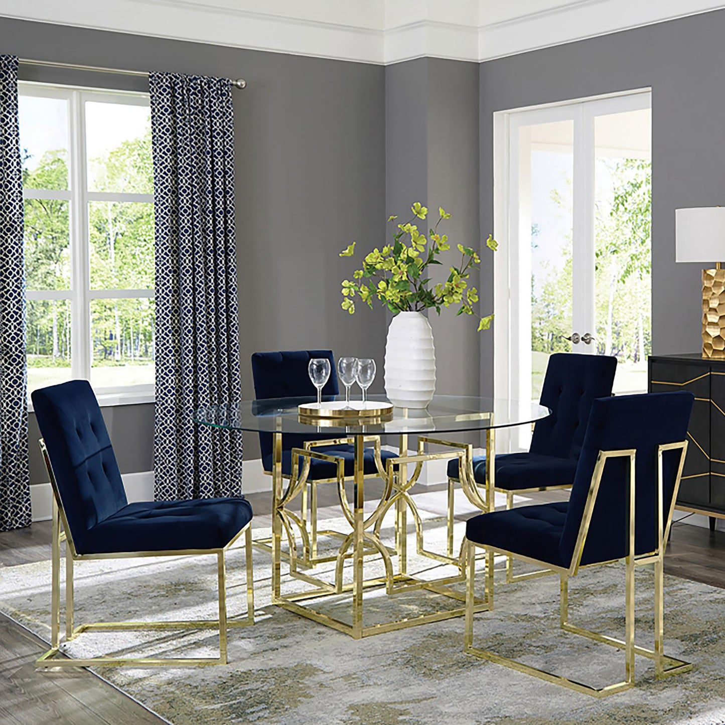 Navy velvet dining chairs with gold metal frames set of