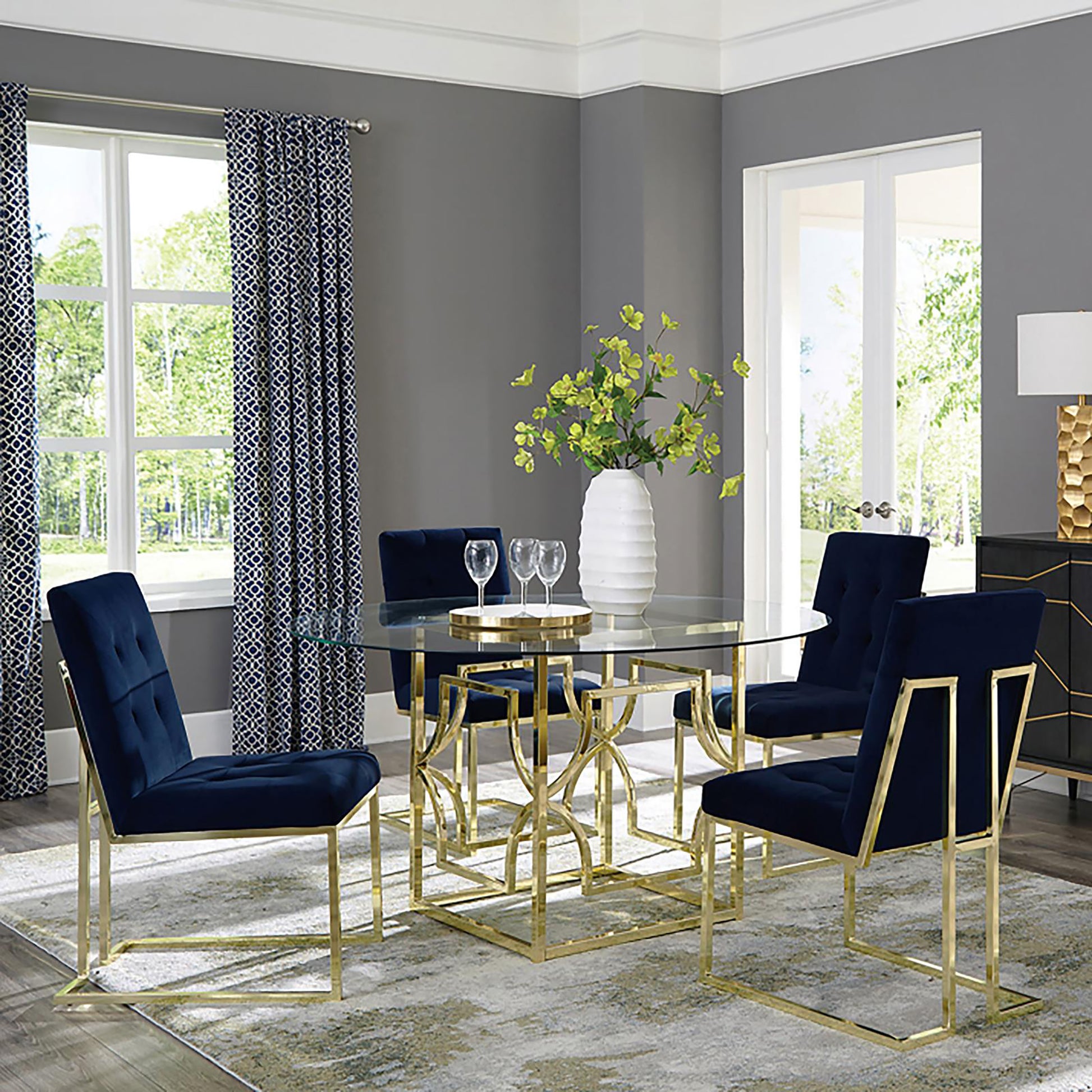 Navy velvet dining chairs with gold metal frames set of