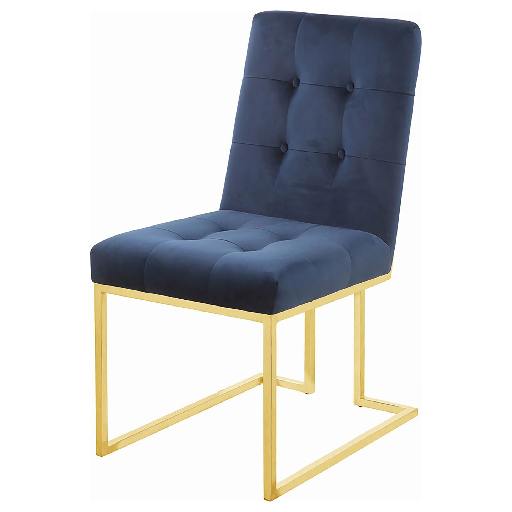 Navy velvet dining chair with tufted back and gold metal frame