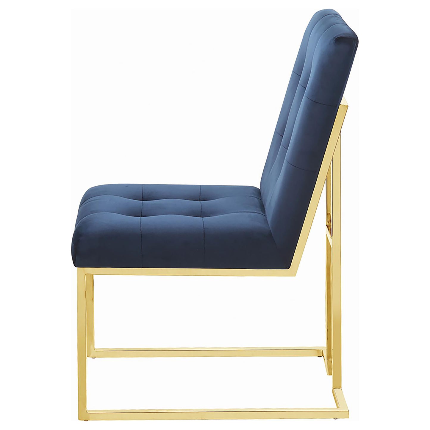 Navy blue velvet accent chair with tufted seat and back gold metal frame