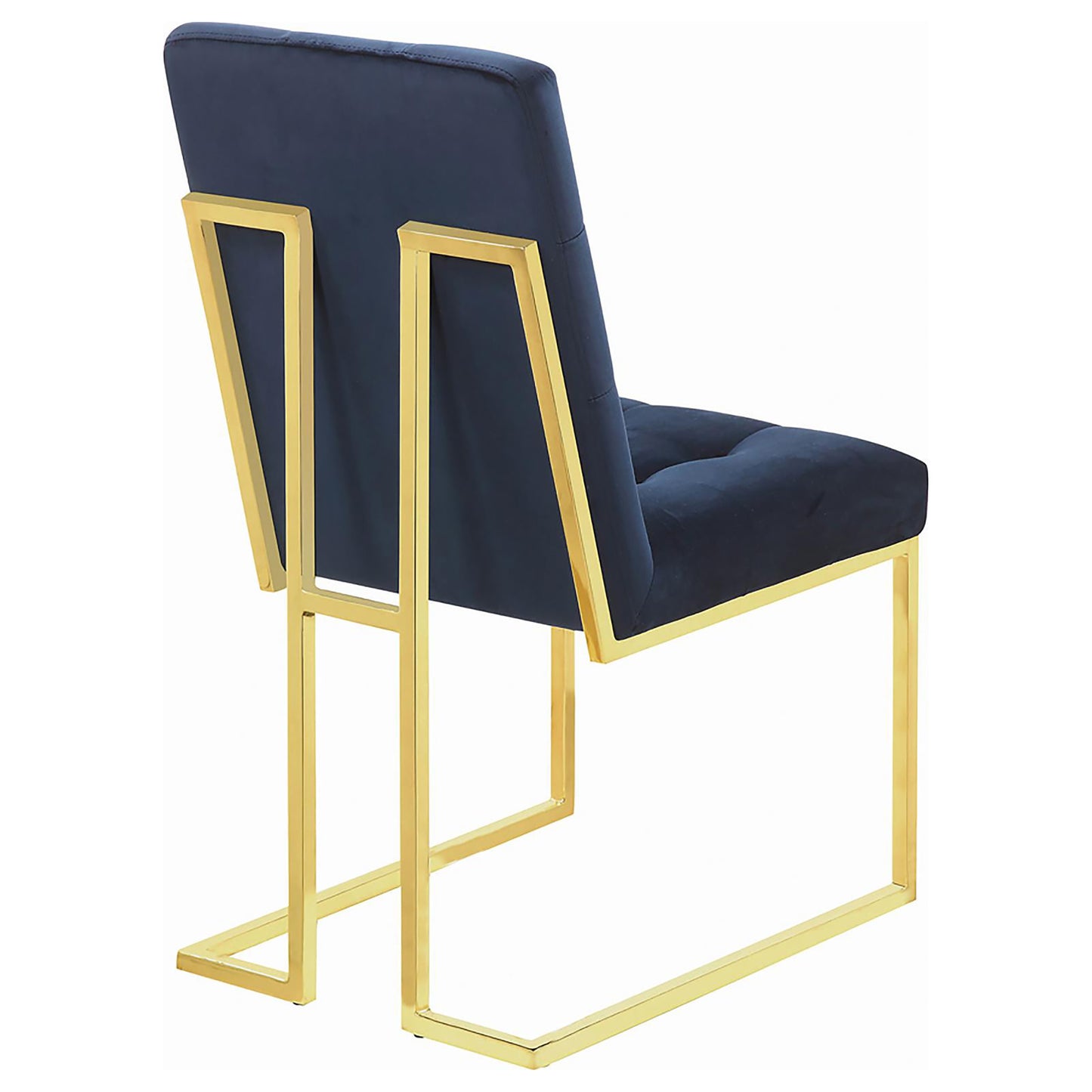 Navy blue velvet accent chair with tufted seat and polished gold metal frame