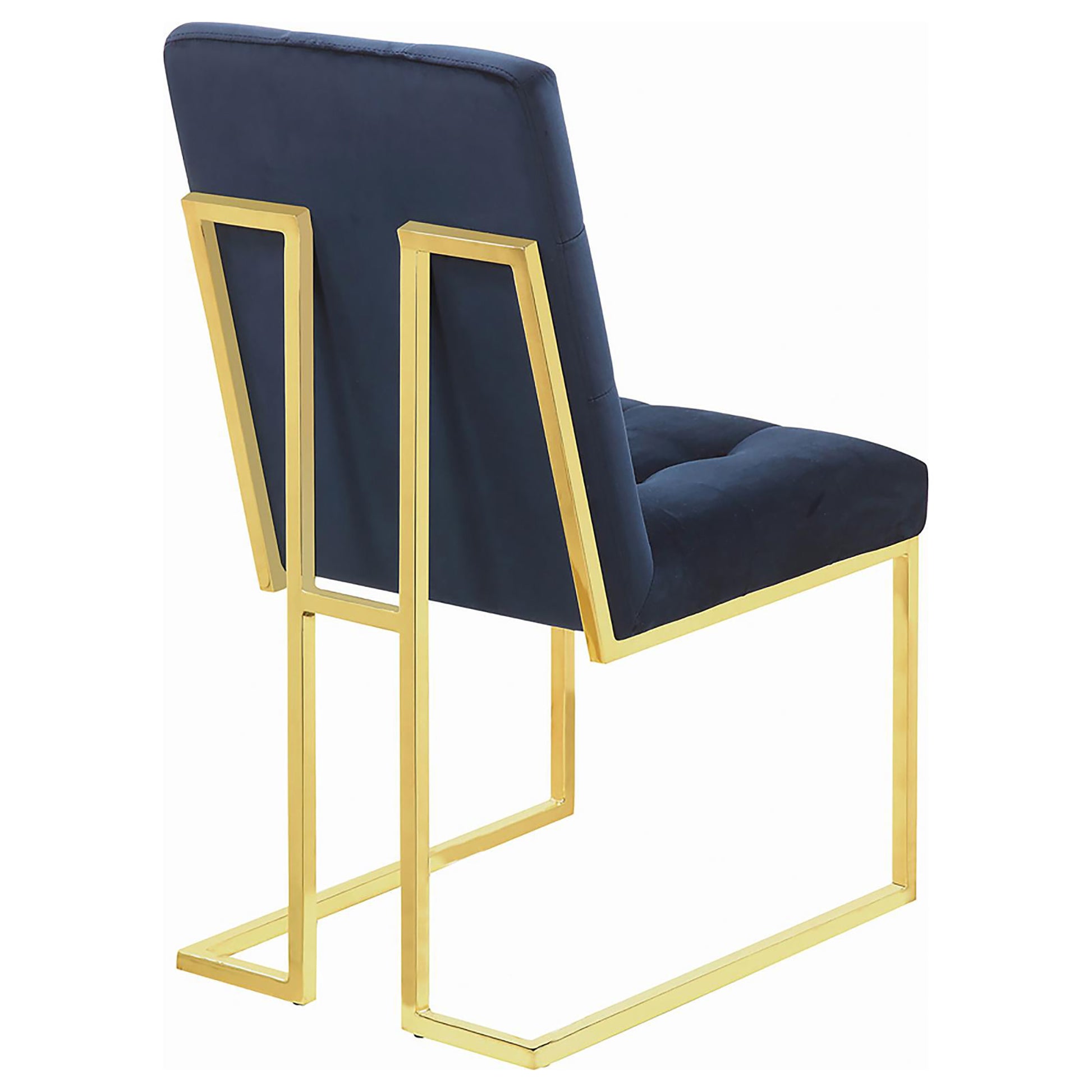 Navy blue velvet accent chair with tufted seat and polished gold metal frame