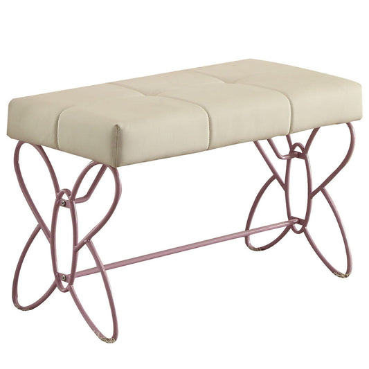Cream upholstered bench with tufted top and pink butterflyinspired metal legs