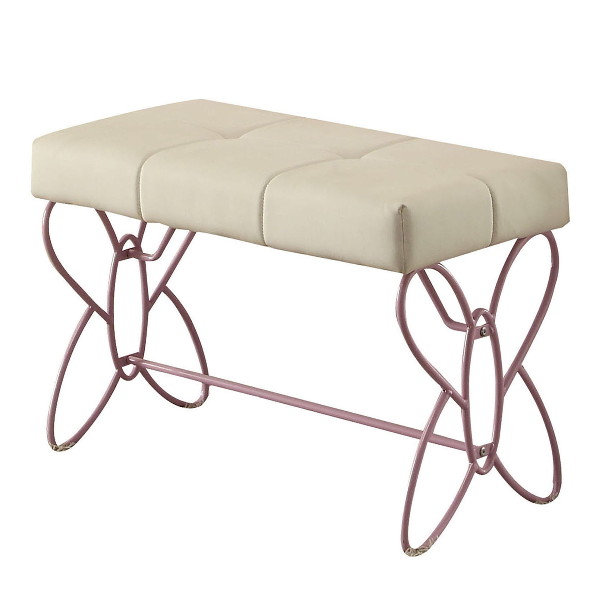 Tufted cream faux leather bench with decorative pink metal legs for entryway seating