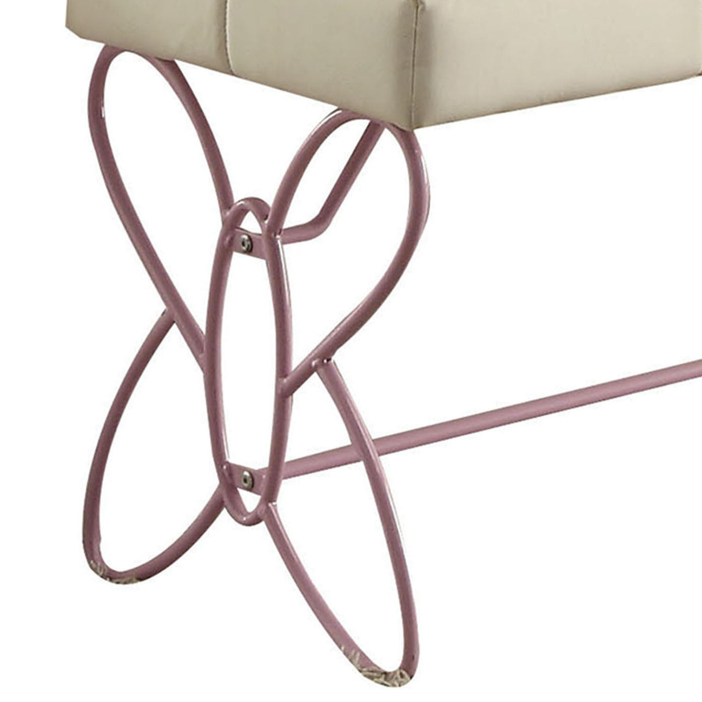 Upholstered vanity stool with whimsical pink butterfly metal base