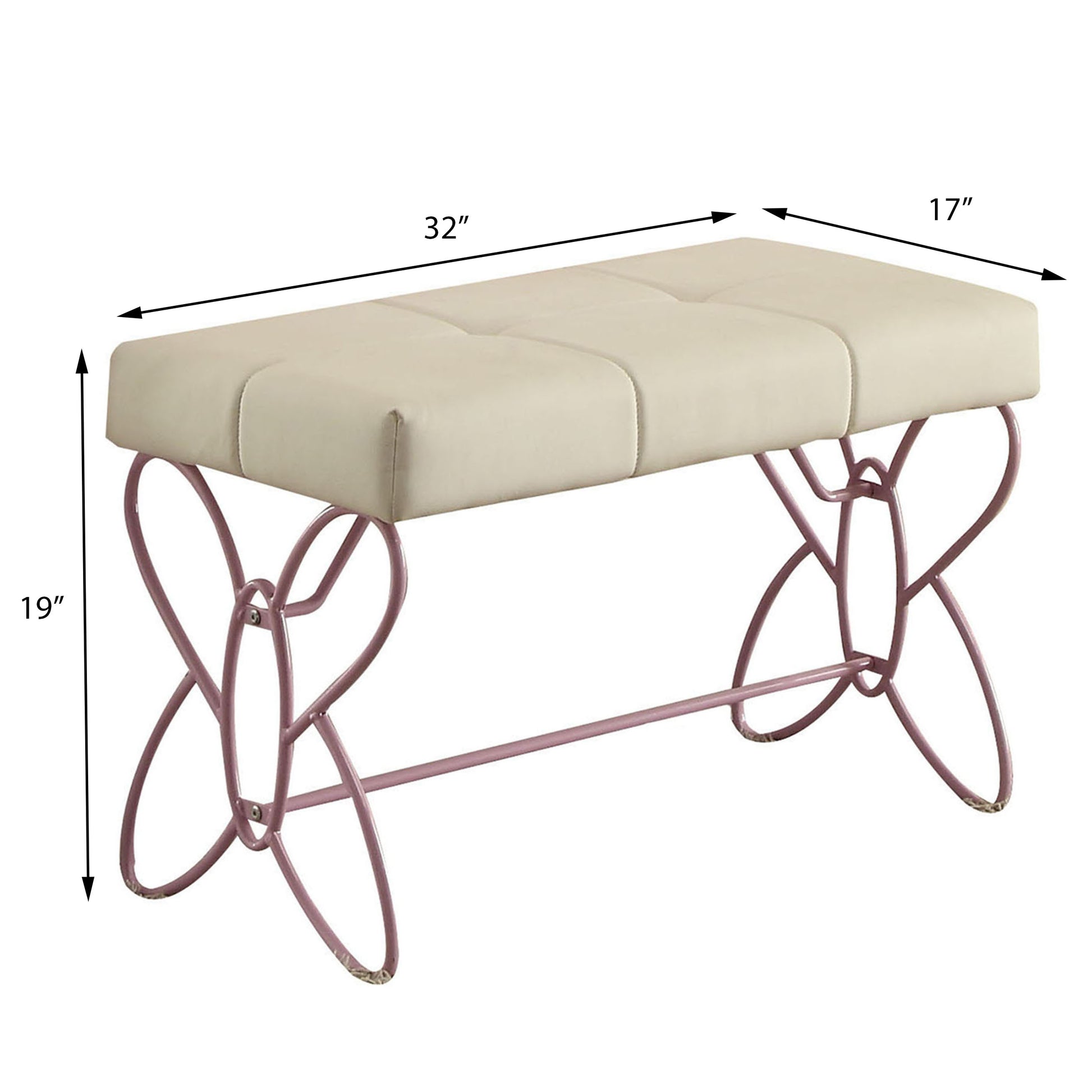 Tufted cream upholstered bench with decorative rose gold metal legs  long