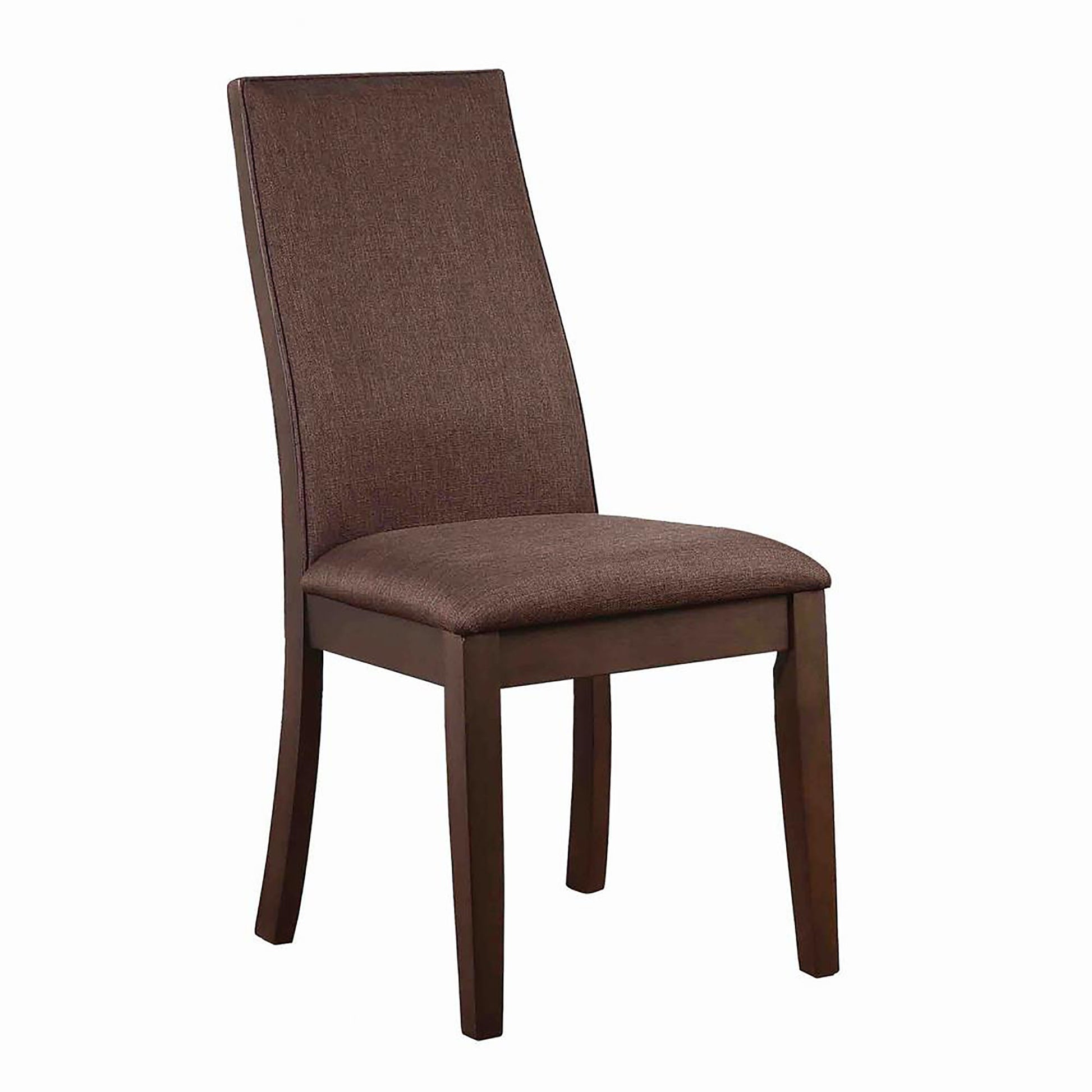 Upholstered dining chair with a rich brown fabric seat and tall backrest featuring dark wooden legs for stability