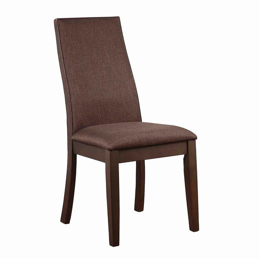 Upholstered dining chair with a rich brown fabric seat and tall backrest featuring dark wooden legs for stability
