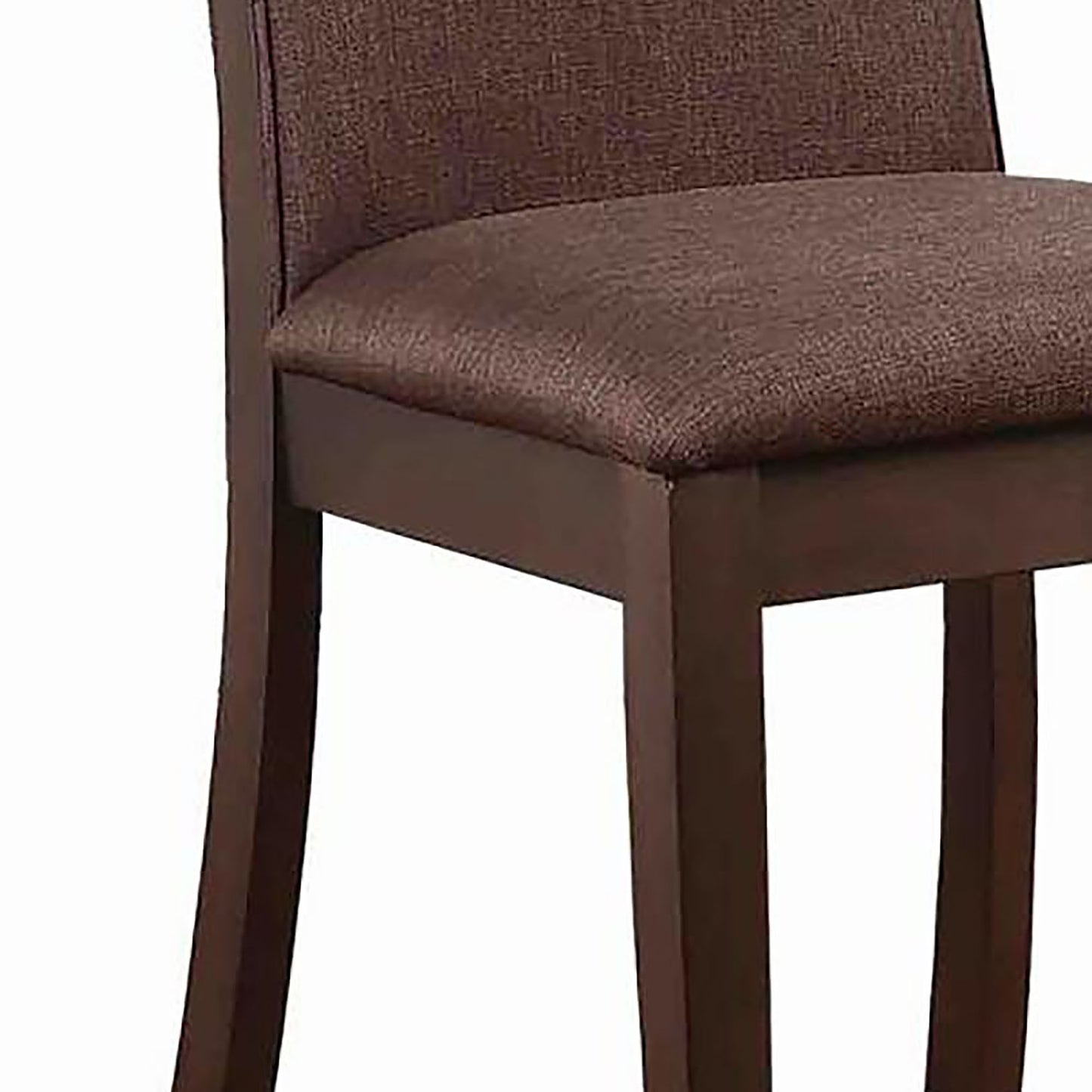Dark brown fabric upholstered dining chair with wooden legs