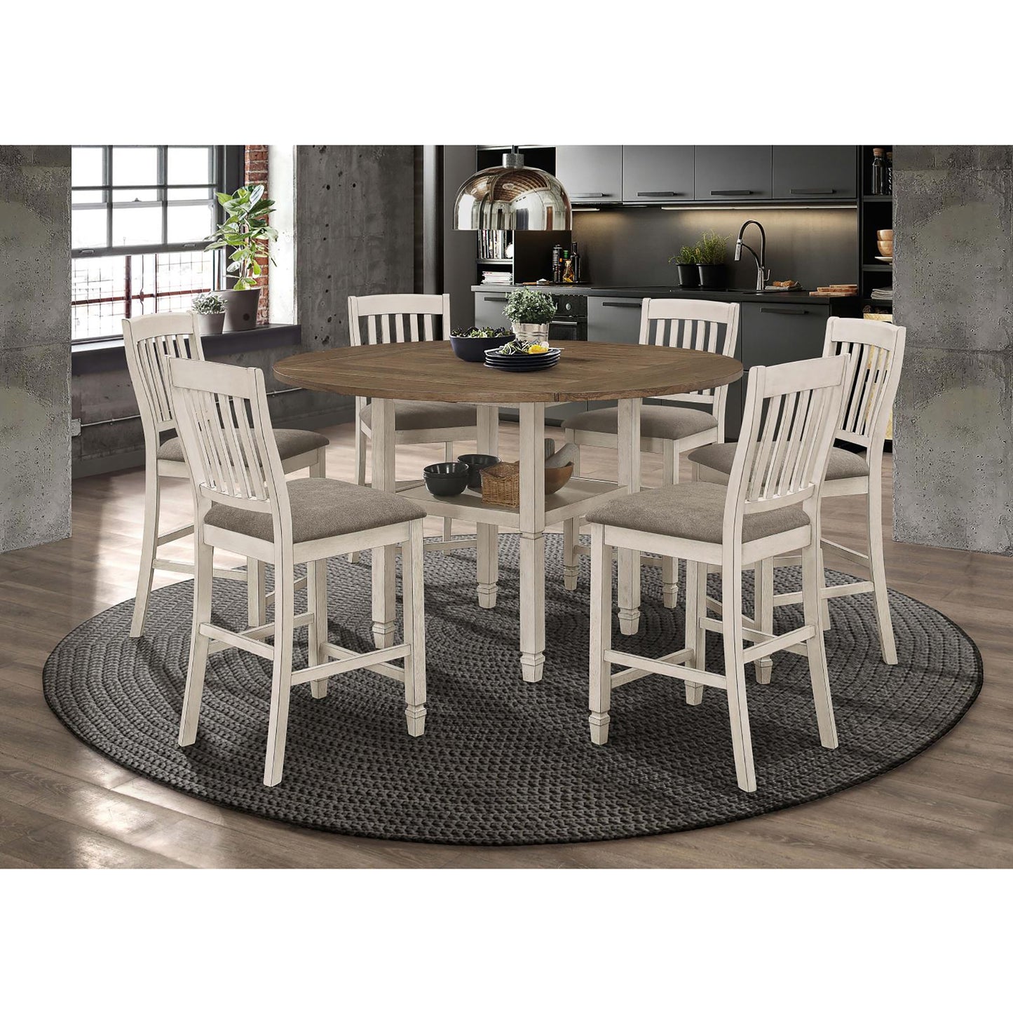 Distressed white counter stool with upholstered grey seat part of a dining set