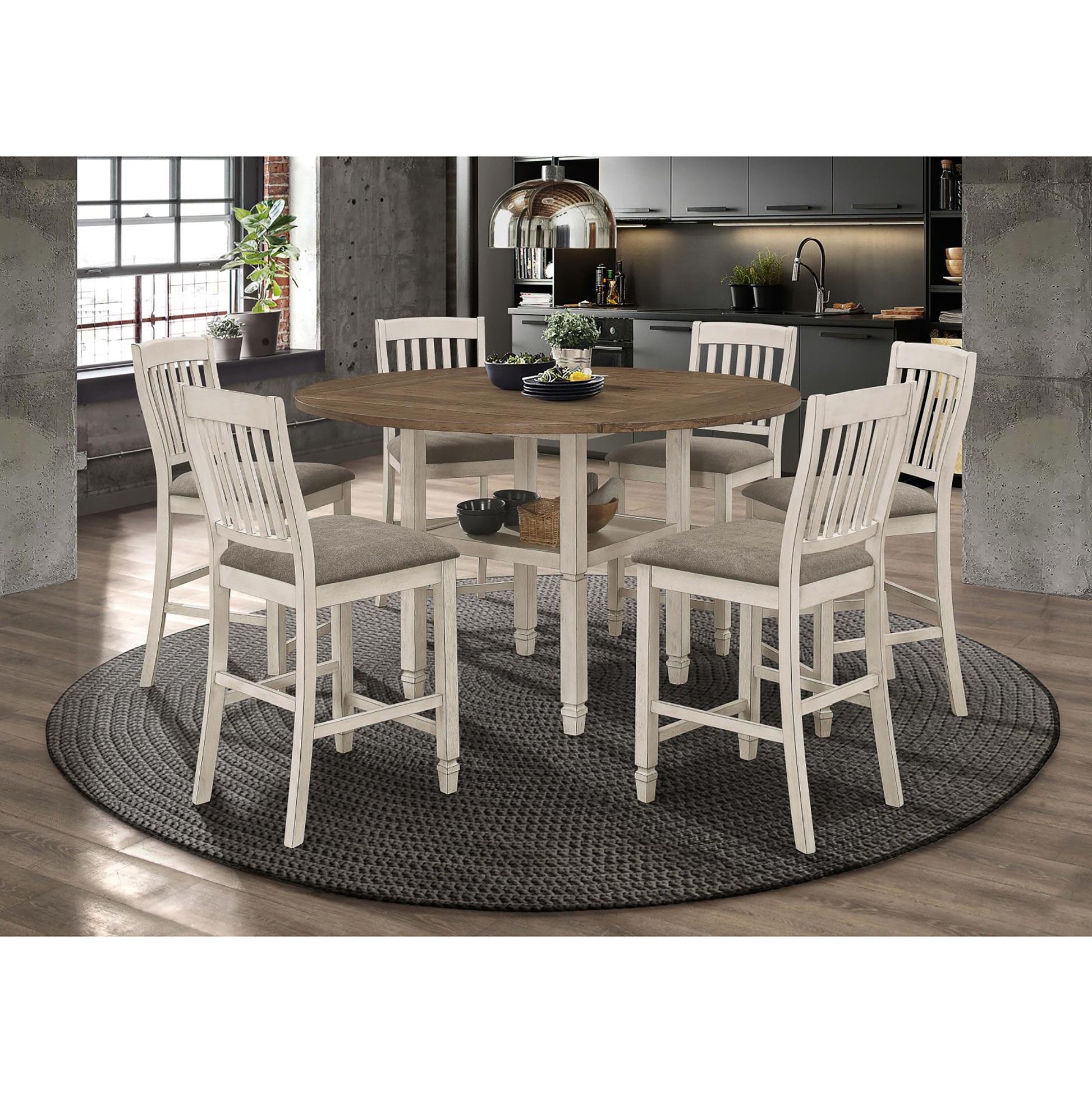 Distressed white counter stool with upholstered grey seat part of a dining set