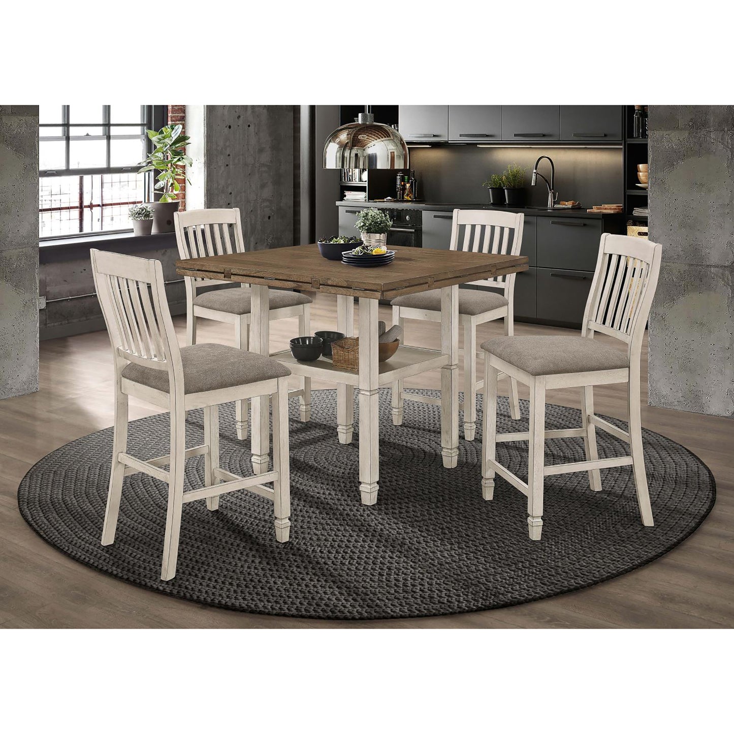 Rustic counter height dining set with distressed white chairs and oak tabletop