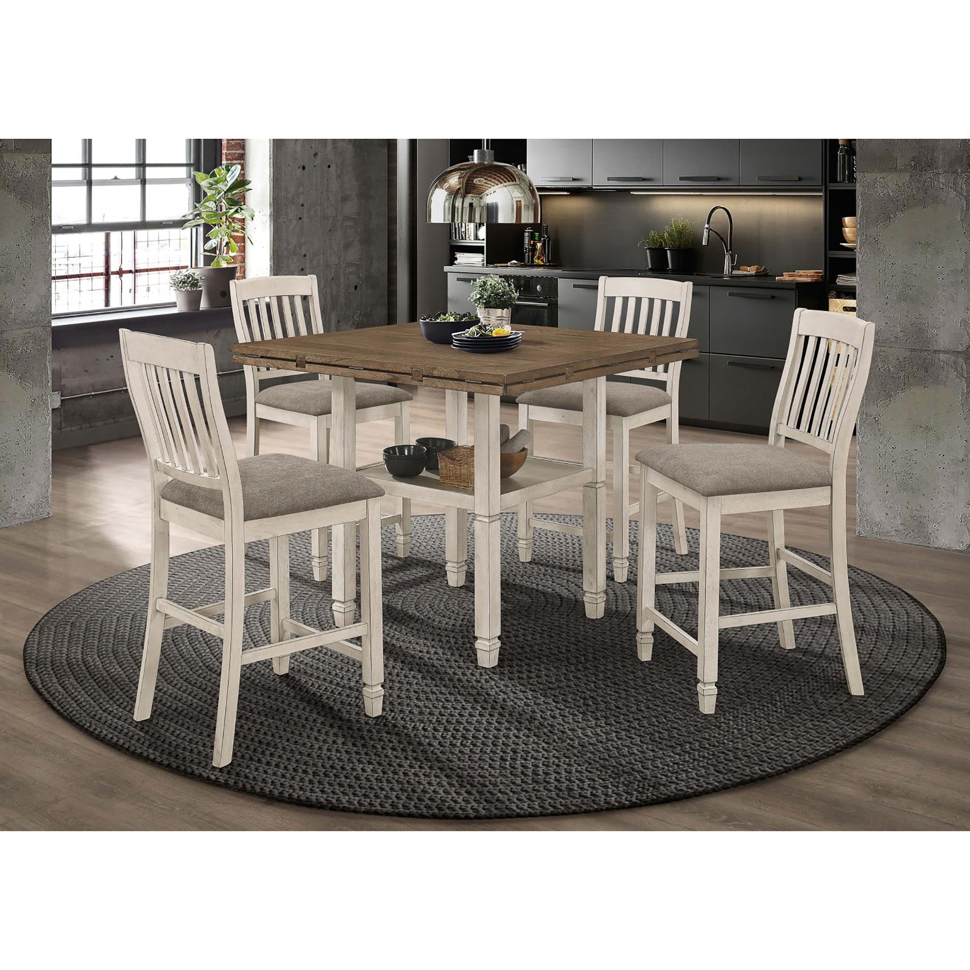 Rustic counter height dining set with distressed white chairs and oak tabletop