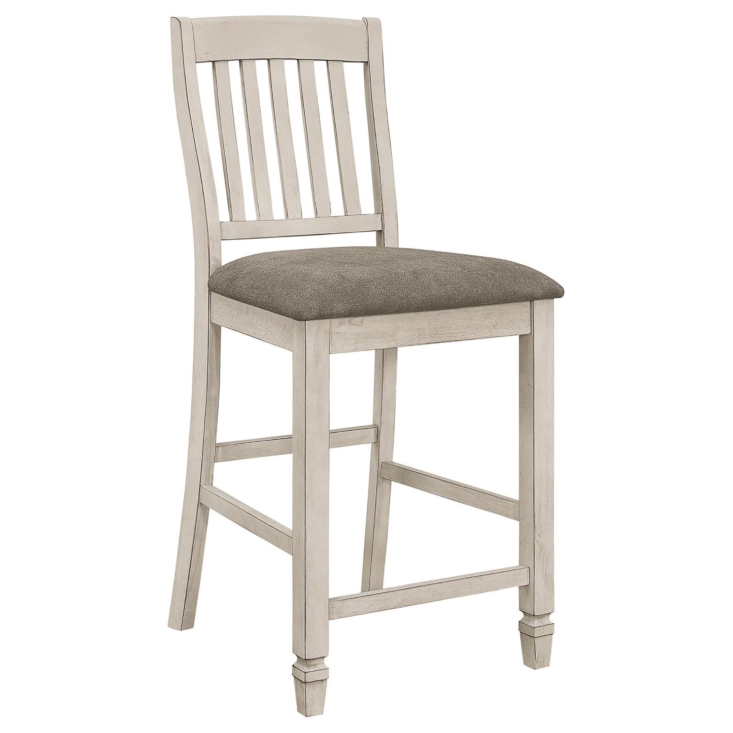Rustic whitewashed wooden bar stool with grey upholstered seat for kitchen island seating