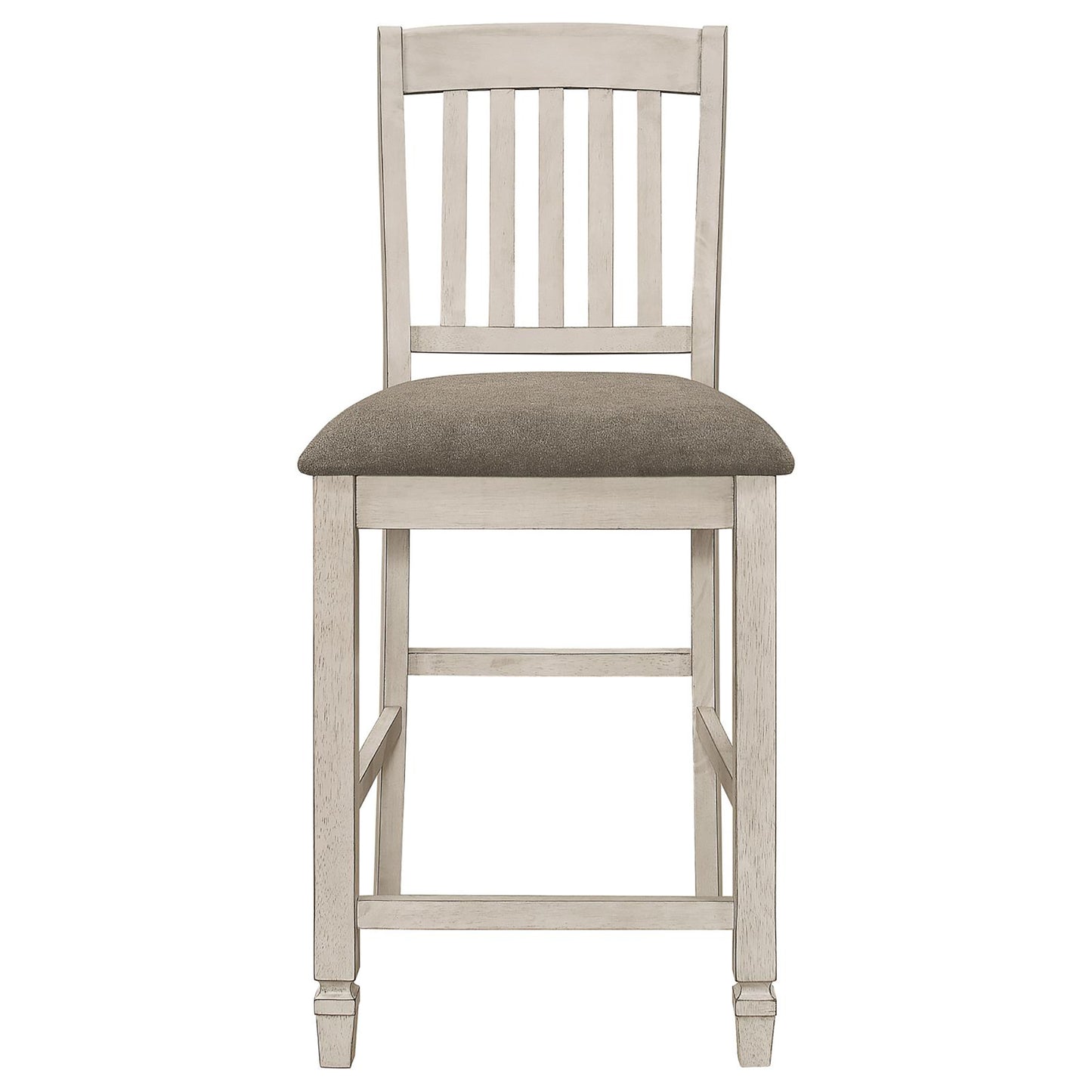Distressed white wooden bar stool with a textured grey upholstered seat and slatted back