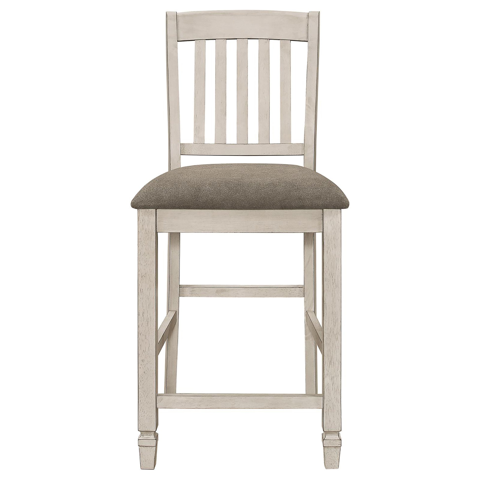 Distressed white wooden bar stool with a textured grey upholstered seat and slatted back