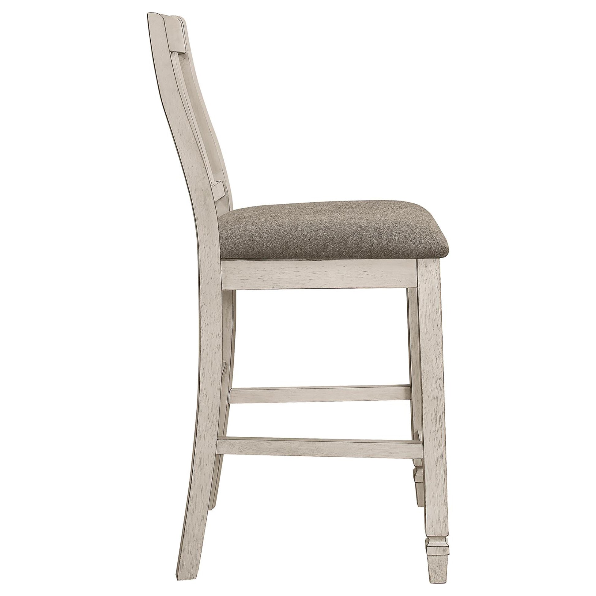 Whitewashed wood counter stool with grey upholstered seat