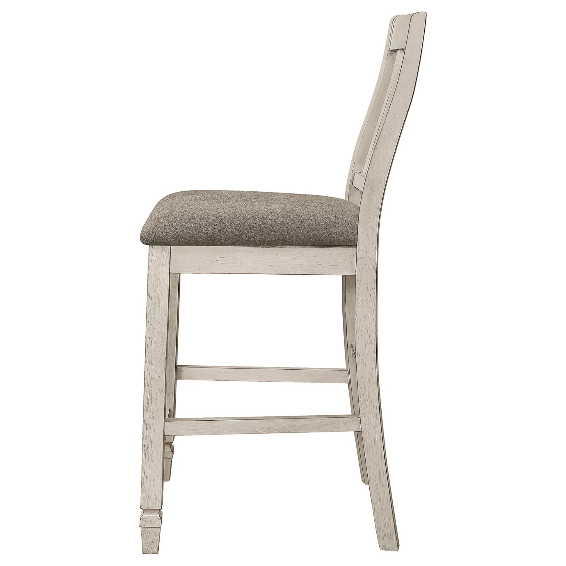 Distressed white wood counter stool with grey upholstered seat modern farmhouse style