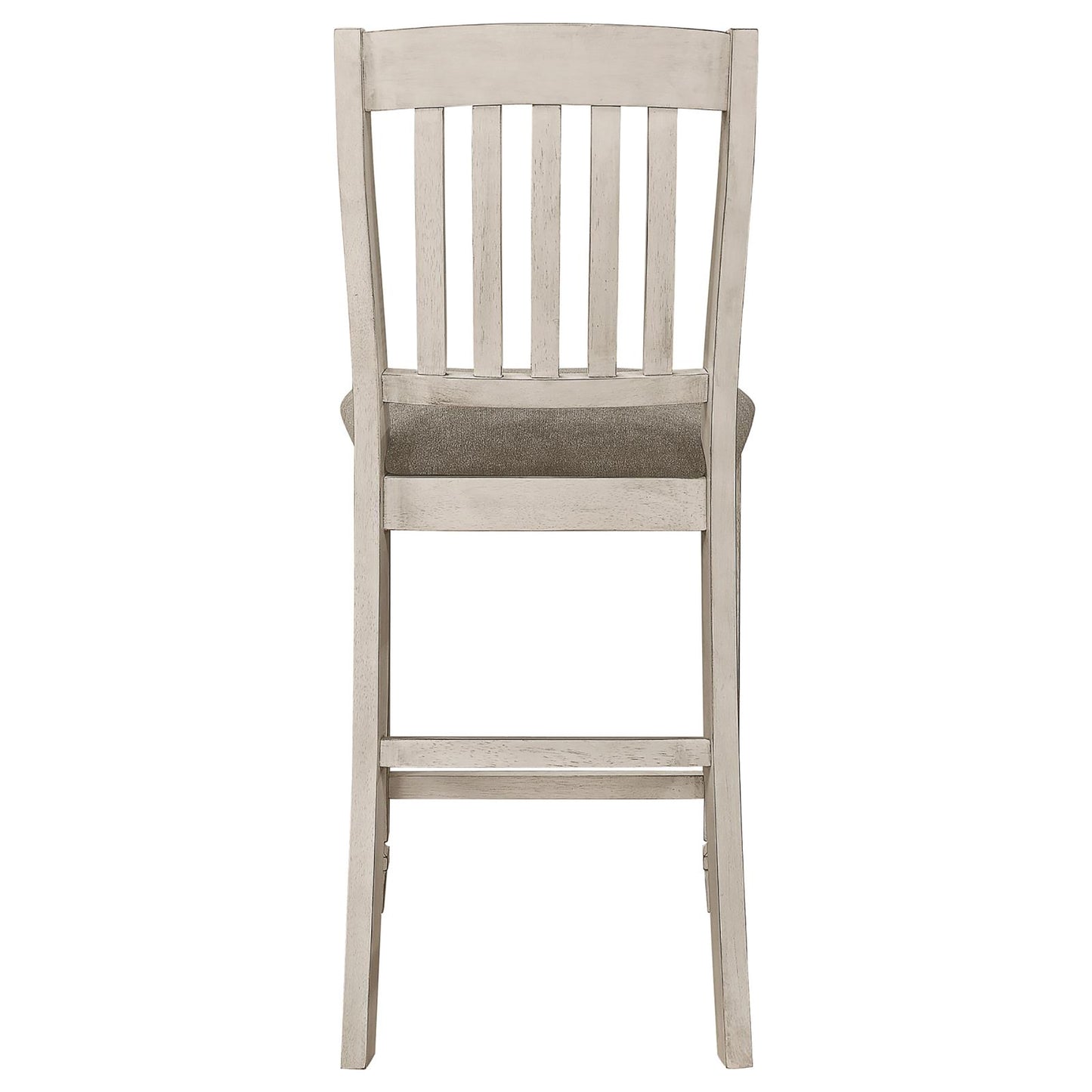 Rustic white wooden bar stool with upholstered grey seat and slatted back