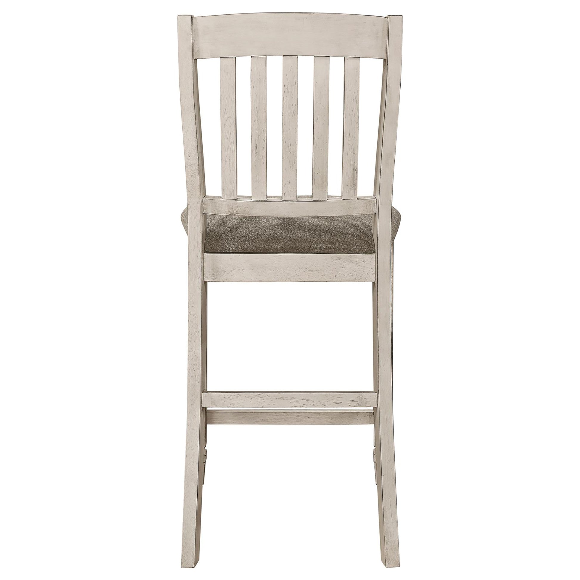 Rustic white wooden bar stool with upholstered grey seat and slatted back