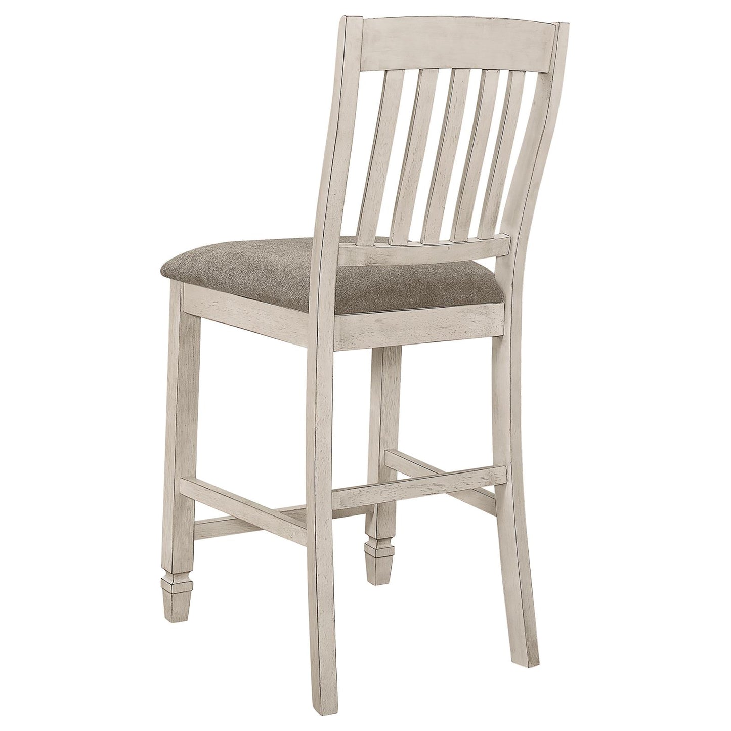 Distressed white wooden bar stool with a textured gray upholstered seat