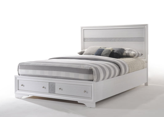 White upholstered bed frame with storage drawers and glitter accents