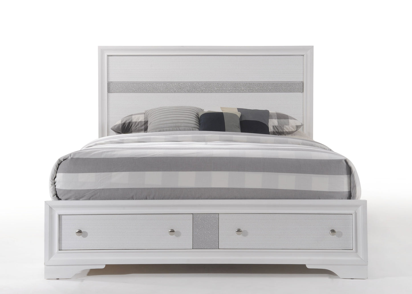 White wood bed frame with two storage drawers and silver hardware accents