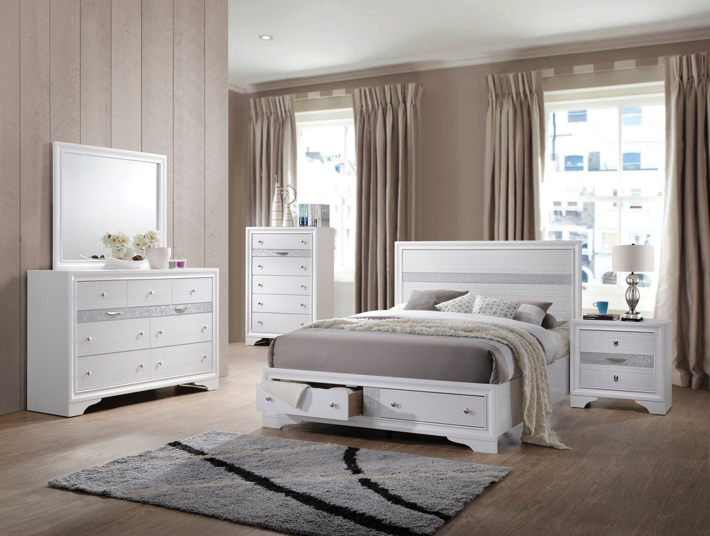 Elegant white bedroom set with a queen bed dresser chest and nightstand