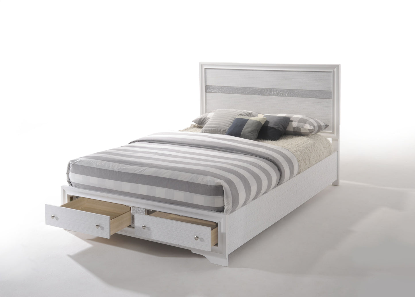 White wood bed frame with storage drawers and striped bedding Modern design