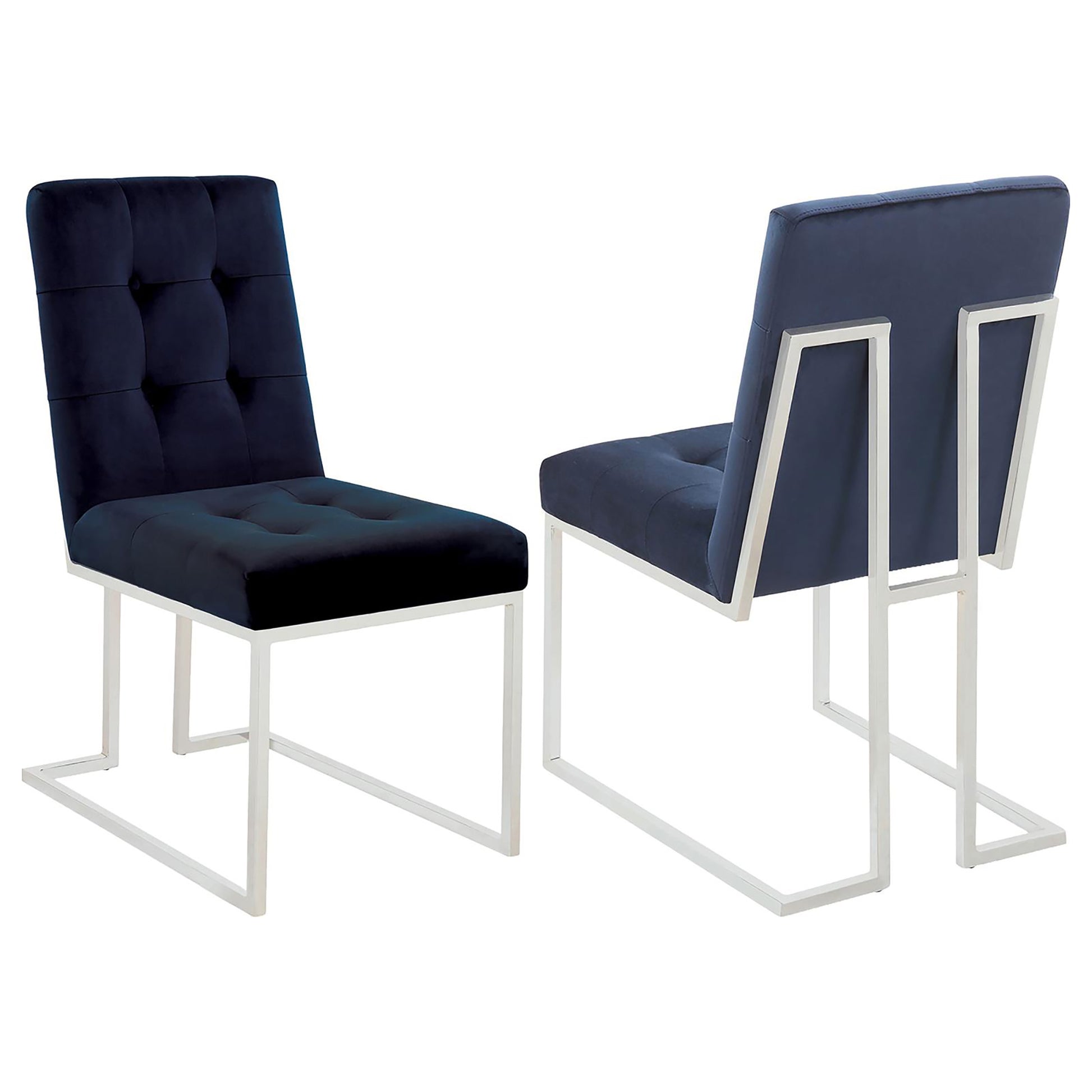 Deep navy velvet dining chair with tufted seat and back on a sleek silver metal frame