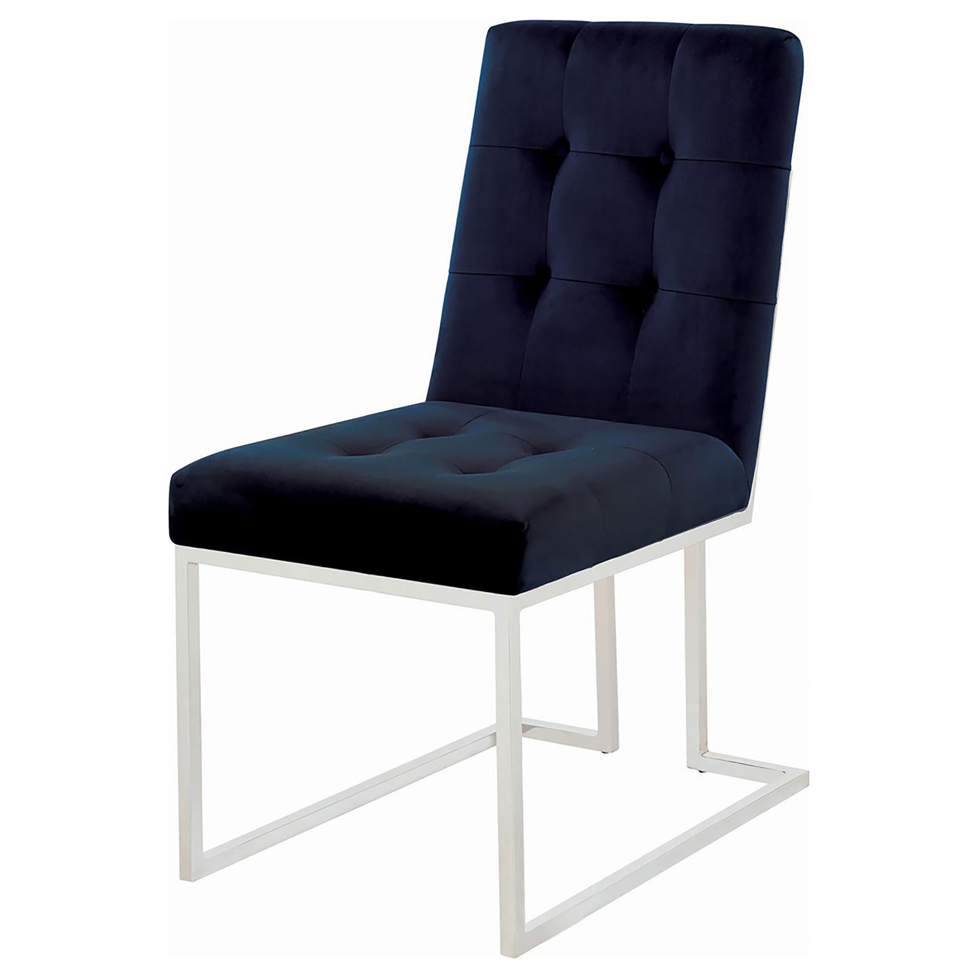 Tufted navy velvet dining chair with a sleek white metal frame for modern homes