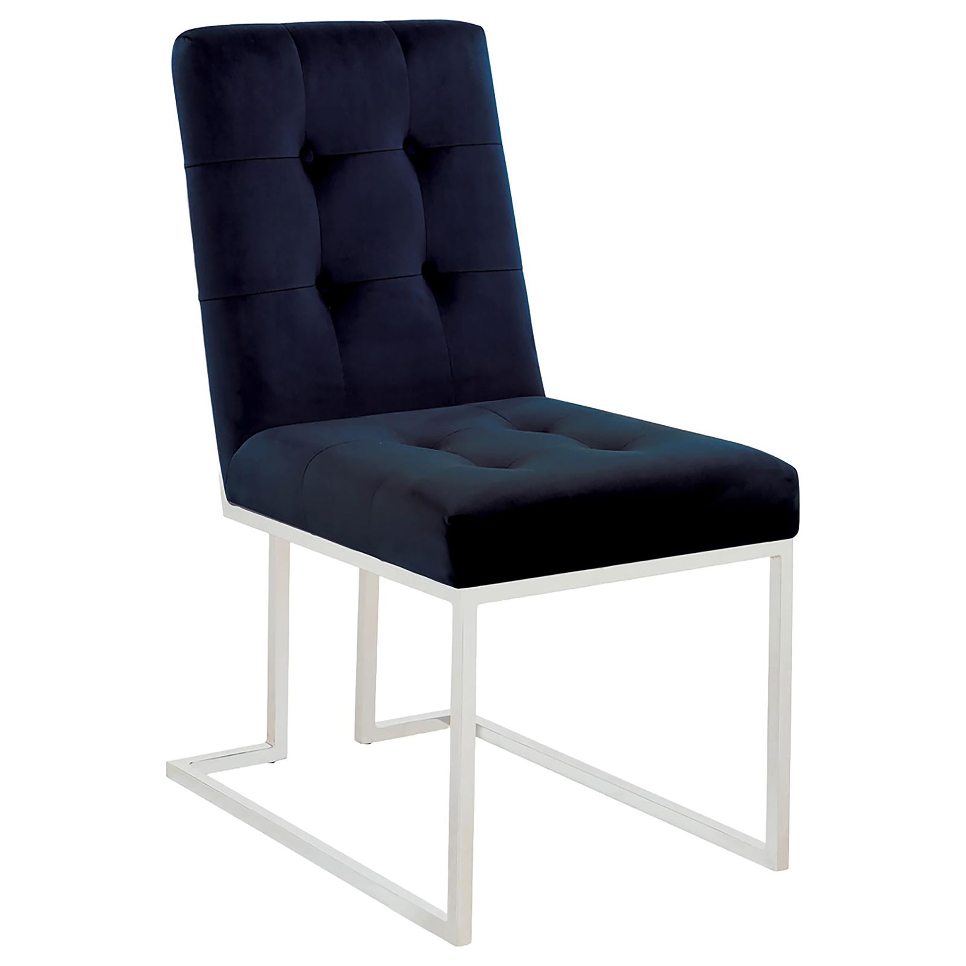 Navy velvet dining chair with tufted back and chrome sled base