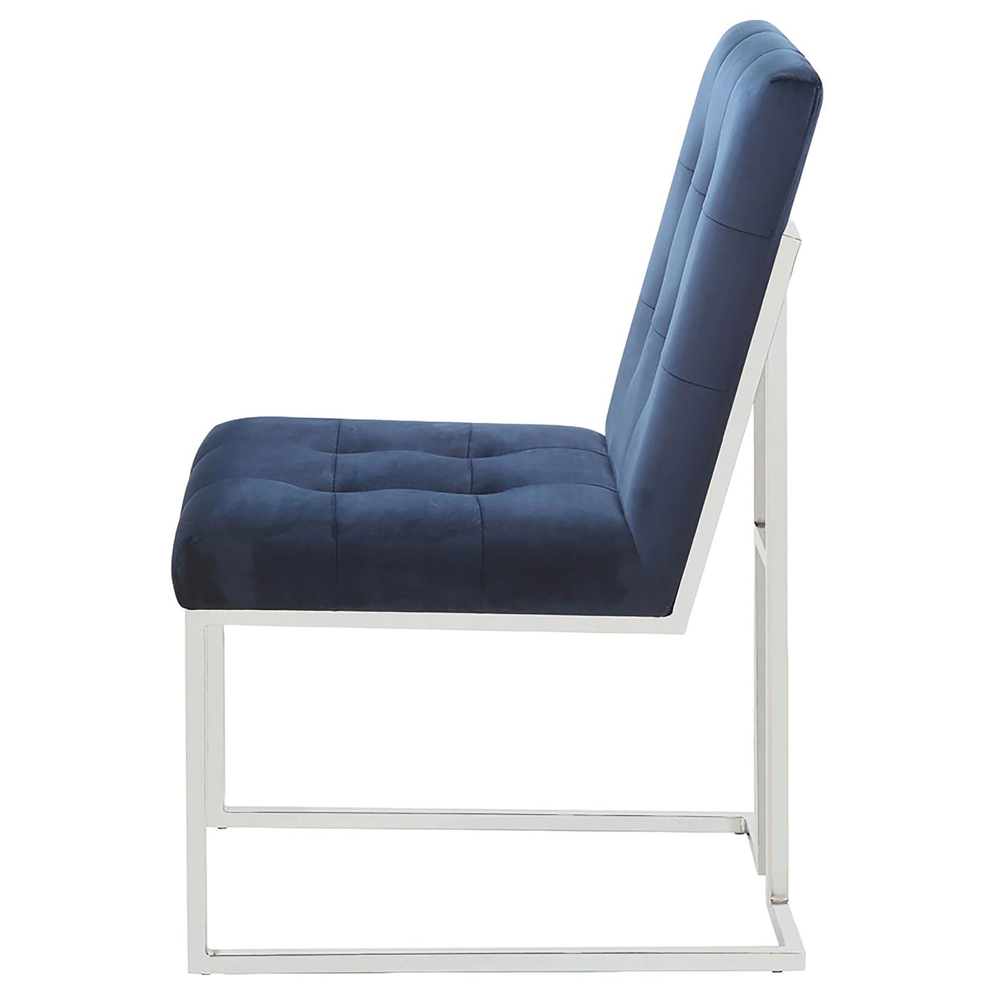 Tufted navy velvet accent chair with a sleek silver metal frame