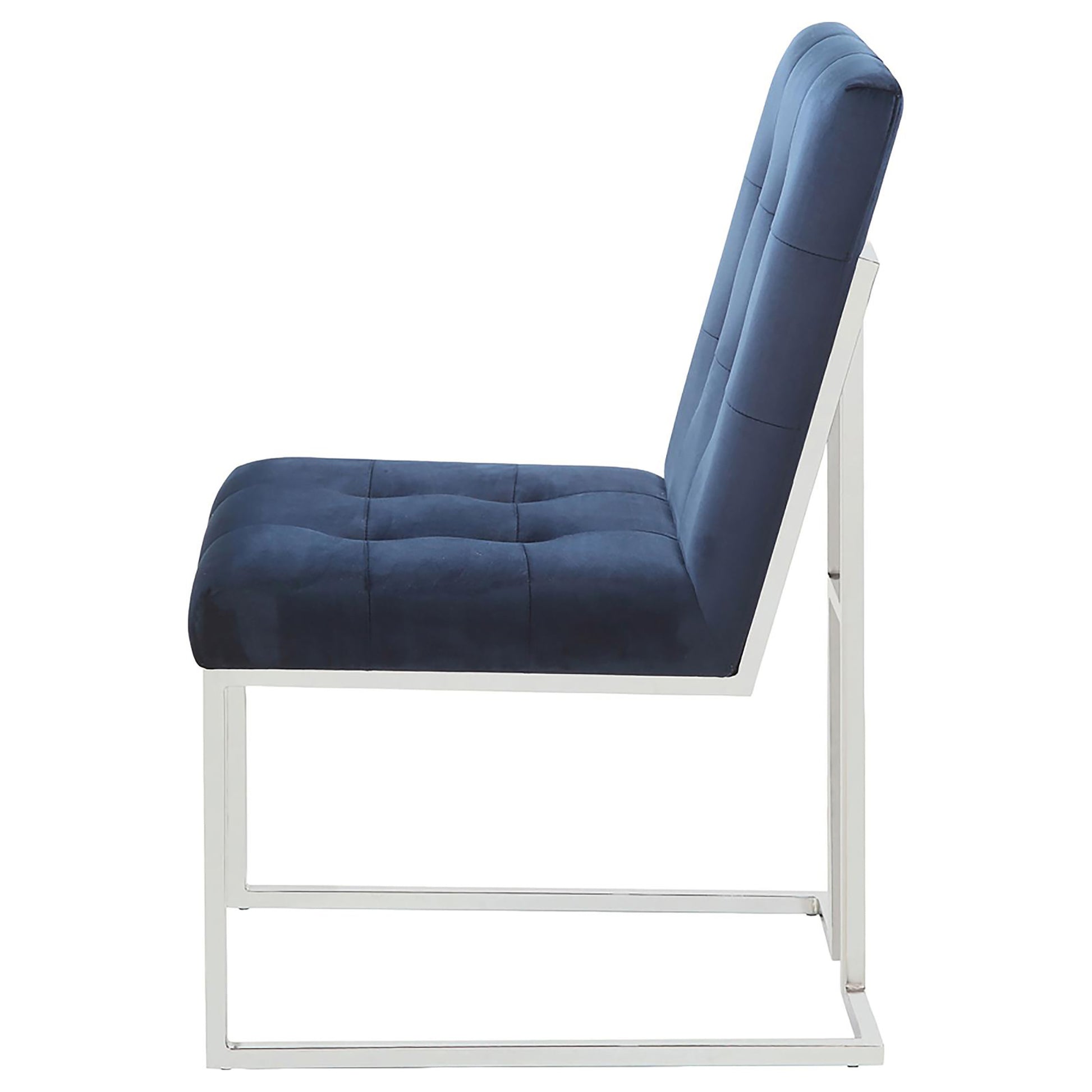 Tufted navy velvet accent chair with a sleek silver metal frame