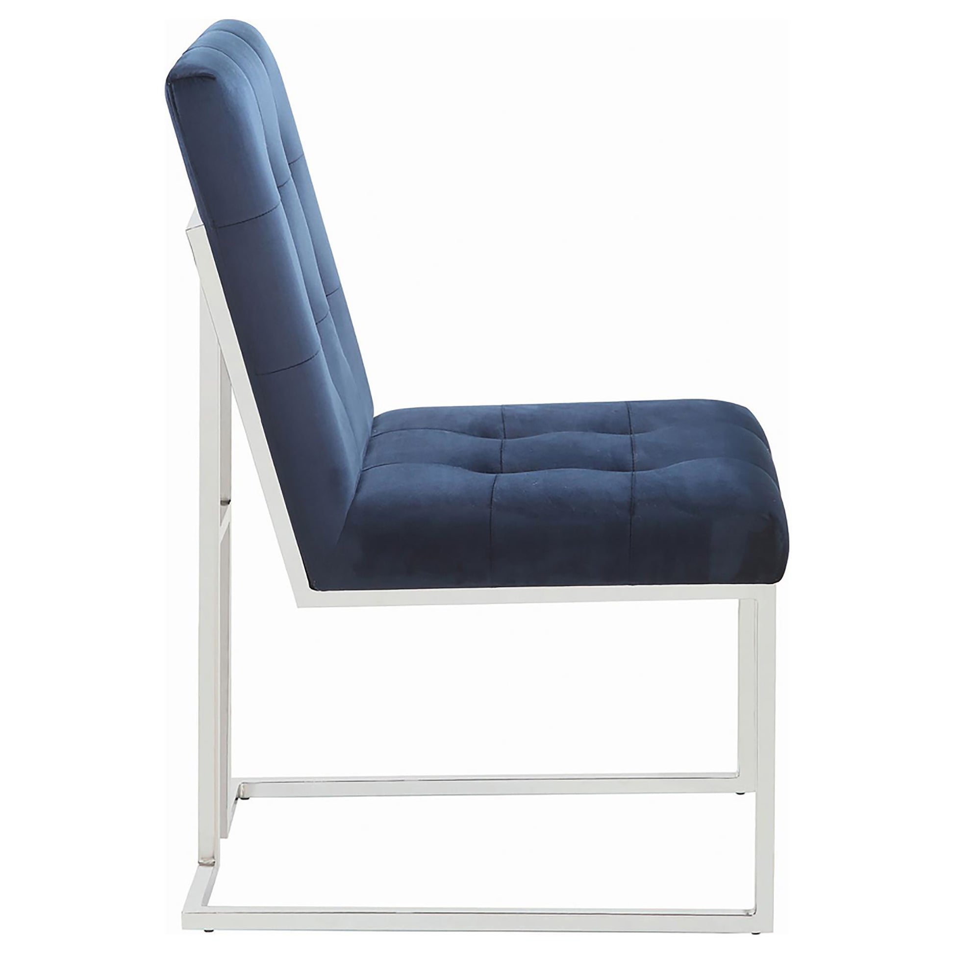 Navy blue velvet accent chair with tufted seat and back on a silver metal frame