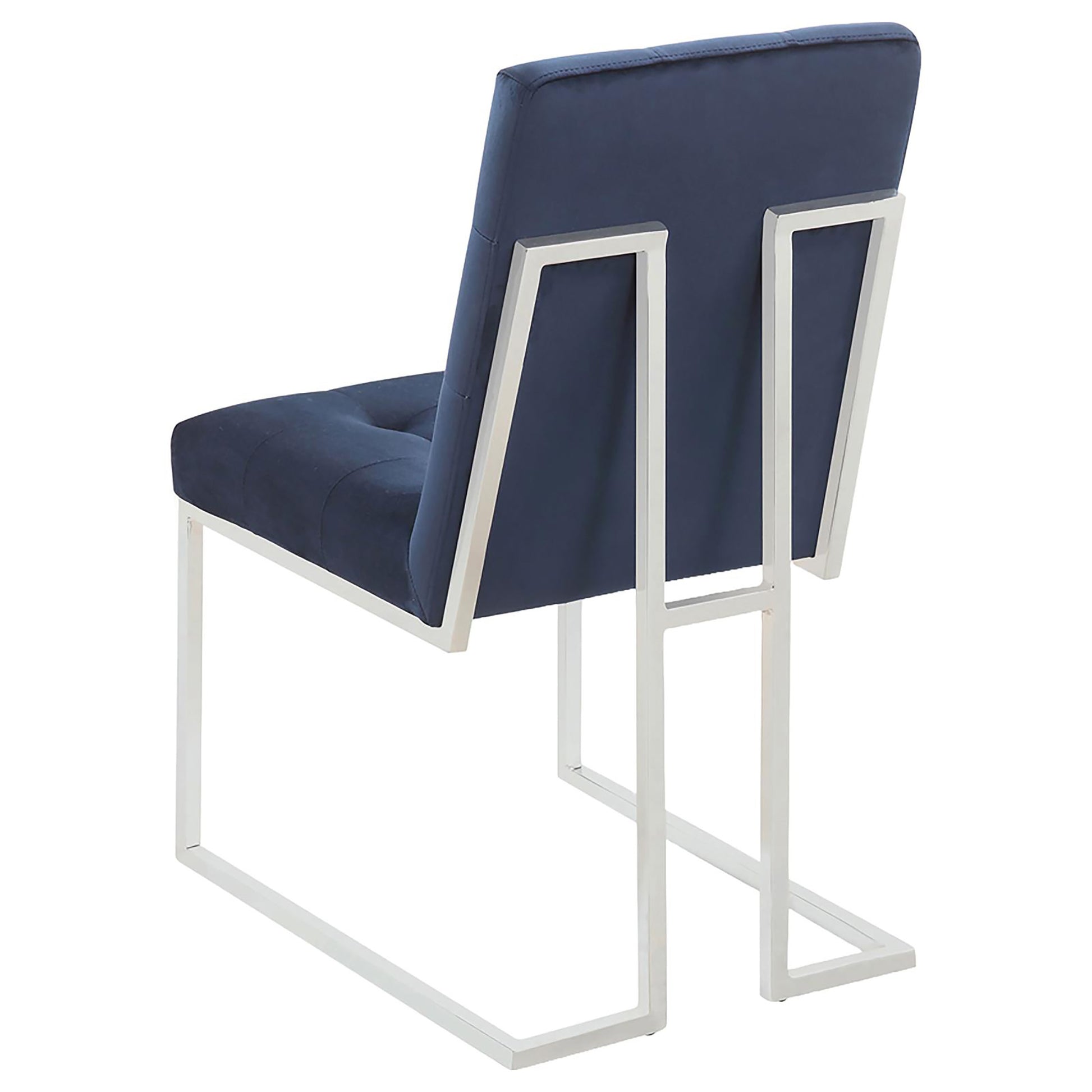 Tufted navy blue velvet dining chair with polished chrome sled base
