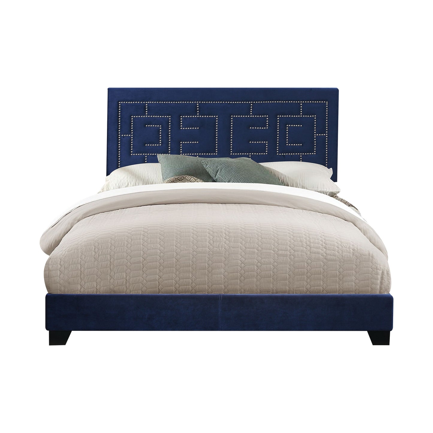 Navy blue upholstered bed frame with studded geometric headboard