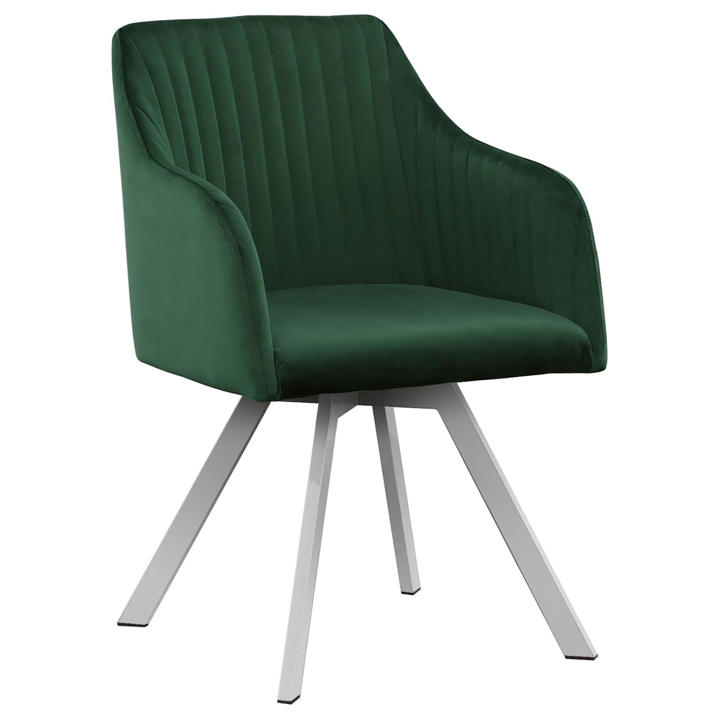Emerald green velvet armchair with channeled back and silver metal legs