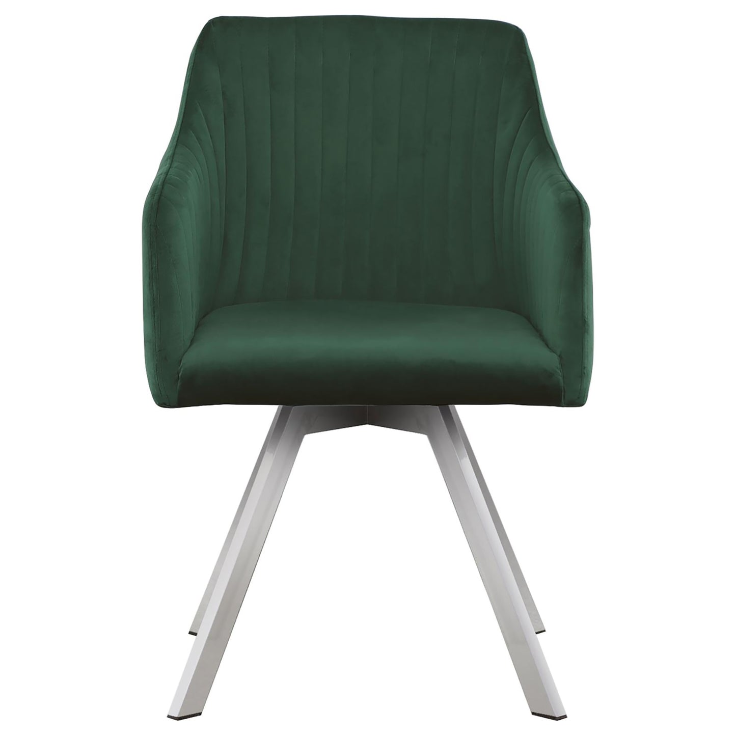 Emerald green velvet accent chair with channel tufting and chrome base
