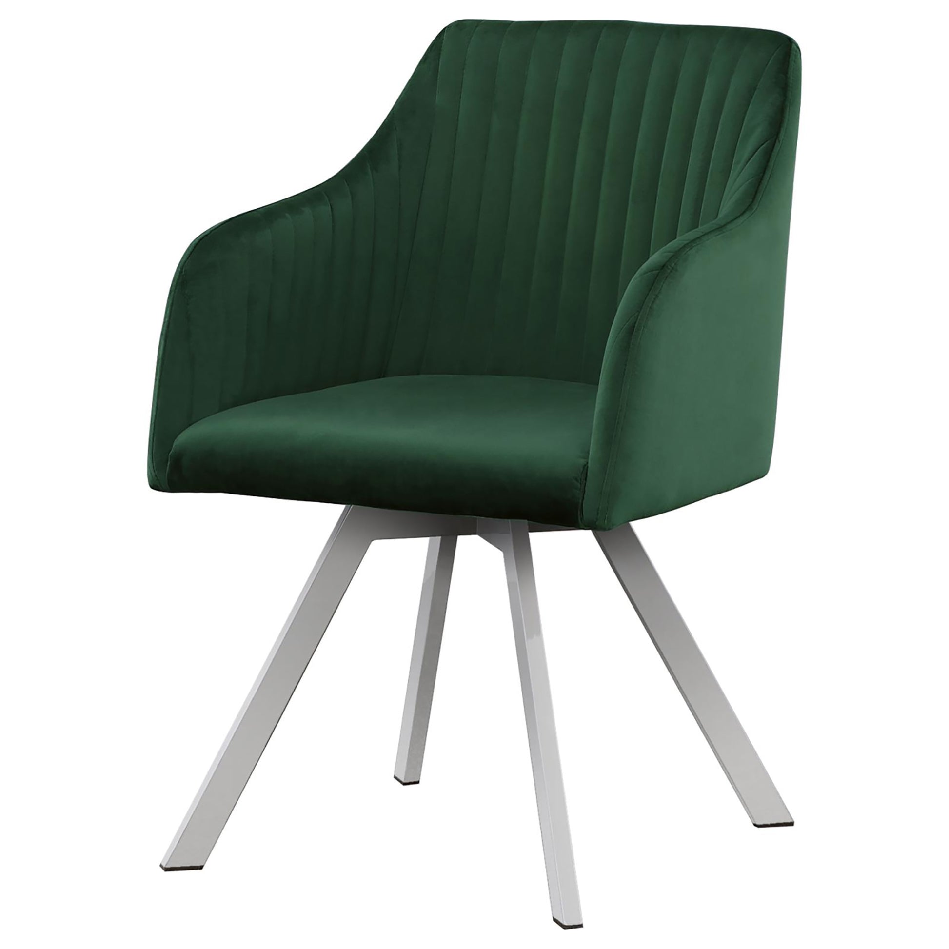 Plush emerald green velvet armchair with vertical channel tufting and a modern silver base